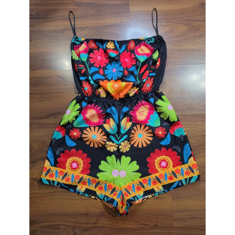 NWT SHEIN Romper Size M Black Floral Strappy Sleeveless Elastic Waist Summer